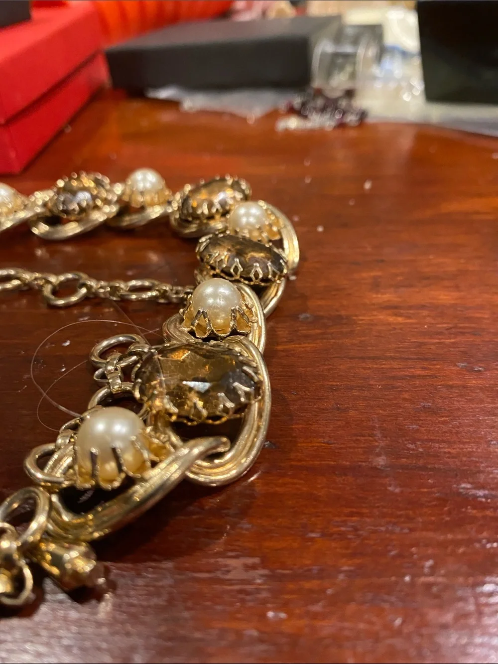 Gold-Tone Pearl and Amber Crystal Statement Necklace